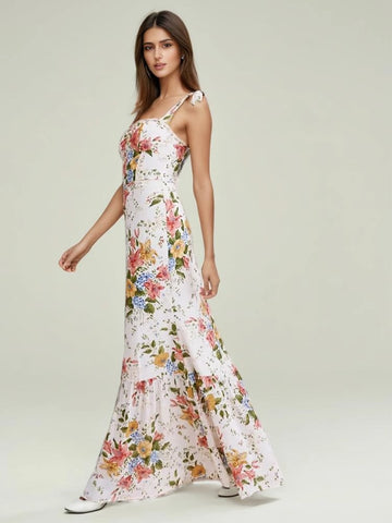 Retro Printed Strap Backless Maxi Dress