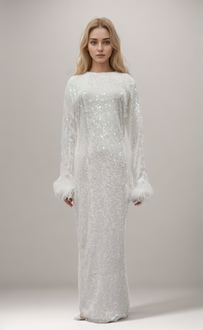 Sequins Dress For Long Sleeve Spliced Feathers