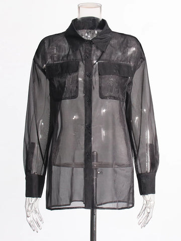 Pocket Sheer Lapel Spliced Blouse