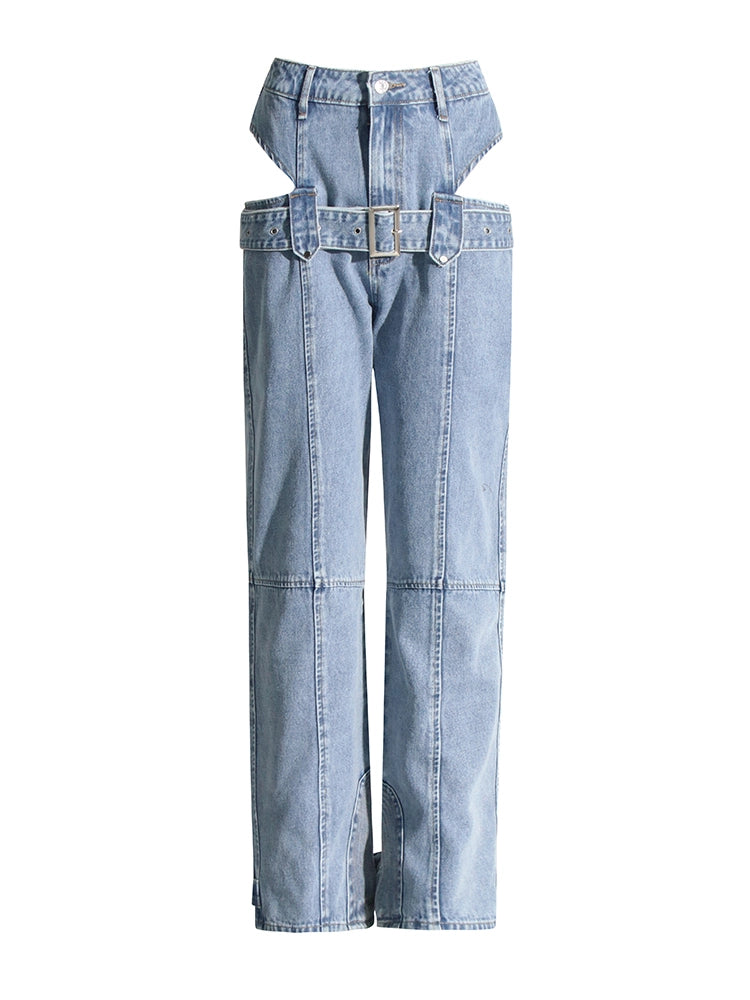 Pantalon en jean à jambe large avec ceinture pour bouton épissé creux