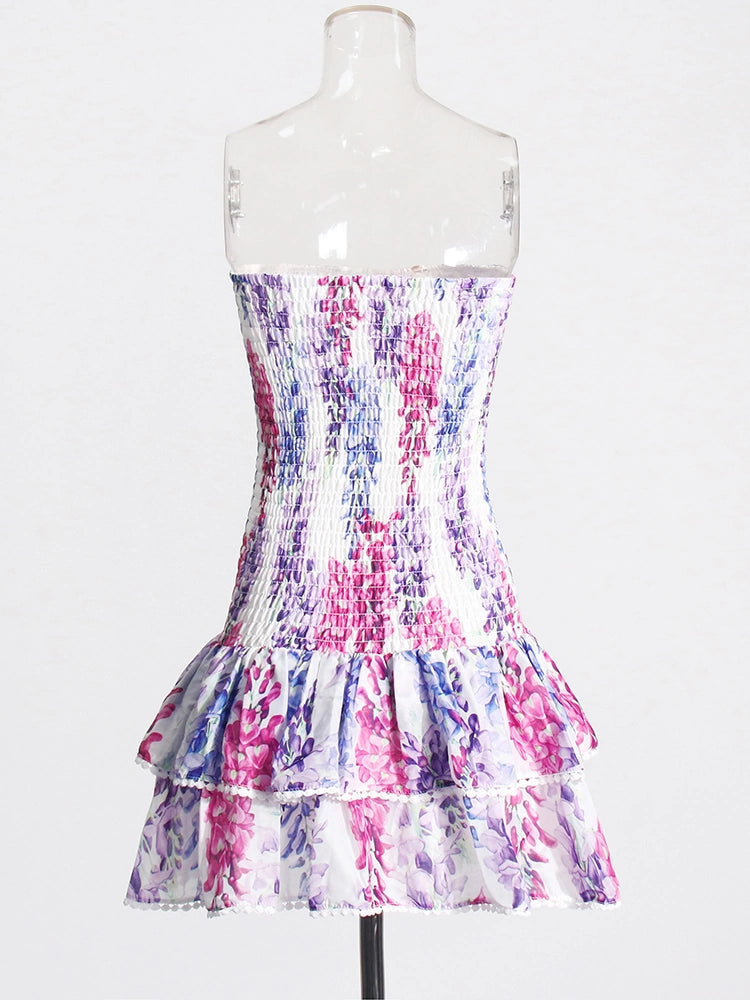 Printing Strapless Ruffled Flower Mini Dresses