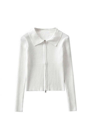 Zip Up Collar Long Sleeve Rib Knit Cardigan