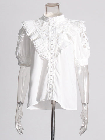 Embroidered Hollow Ruffle Short Sleeve Shirt