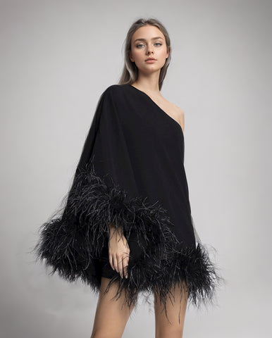 Ostrich Feather Diagonal Collar One Sleeve Dress Cloak