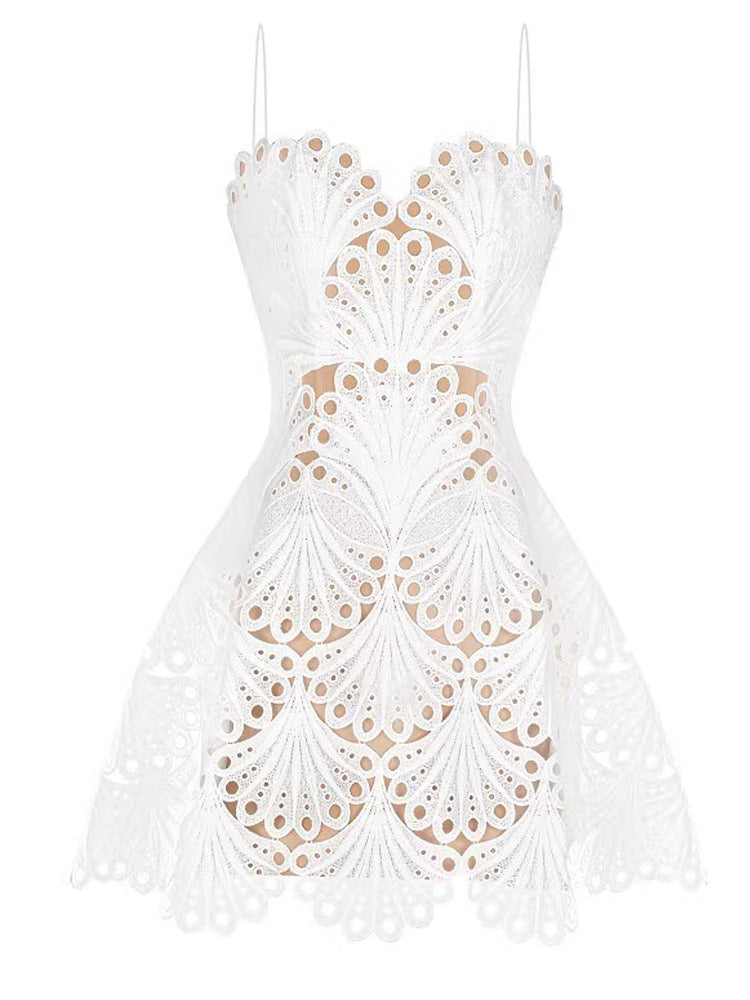 White Mini Baceless Sundress With Lace Embroidered