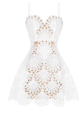 White Mini Baceless Sundress With Lace Embroidered