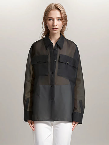 Pocket Sheer Lapel Spliced Blouse