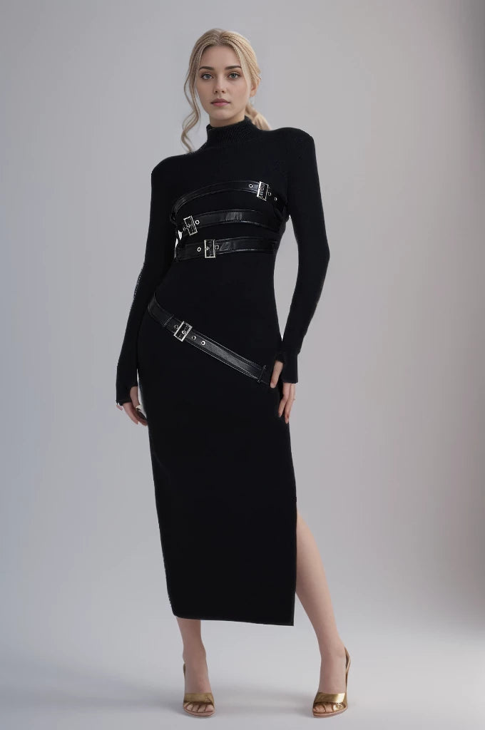 Belt Split Stand Collar Long Sleeve Bodycon Dress