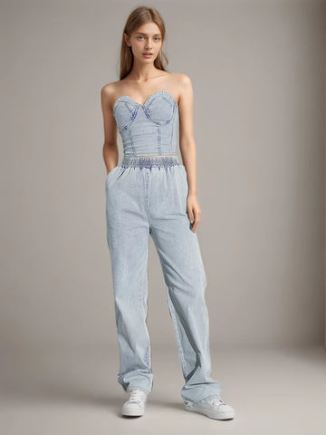Sleeveless Denim Two Piece Set Strapless Blue