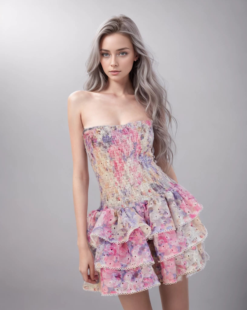 Printing Strapless Fold Floral Mini Dresses