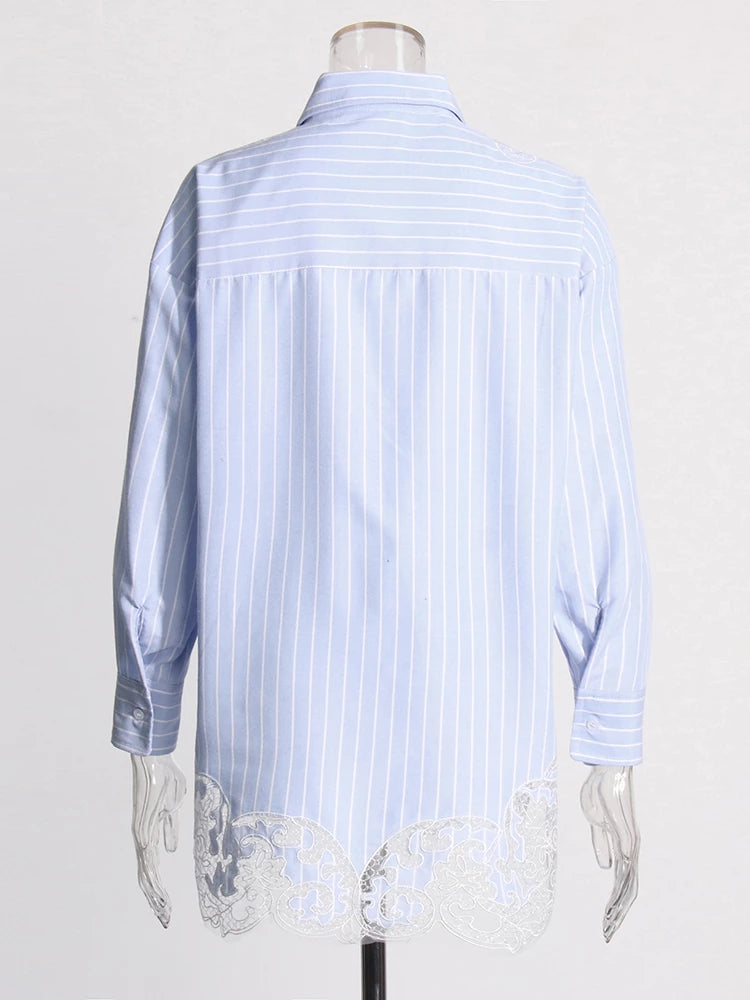 Striped Spliced Lace Elegant Blouse