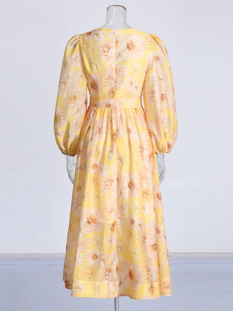 Deep V Neck Latern Sleeve Yellow Printing Dresses