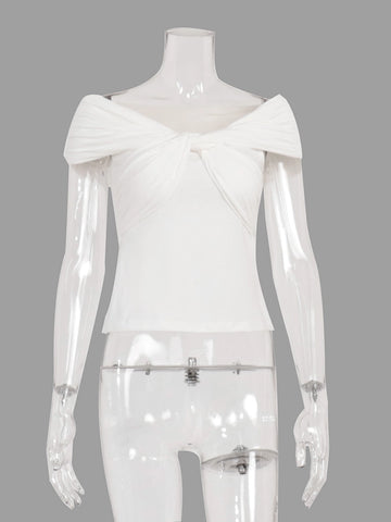 Cross Pleated V Neck Off Shoulder Short Sleeve T-shirt