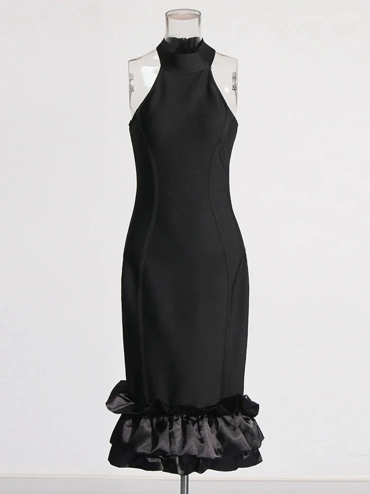 Ruffles Hem Sleeveless Bodycon Black Choker Dresses