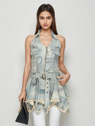 Hanging Neck Style Denim Mini Dress