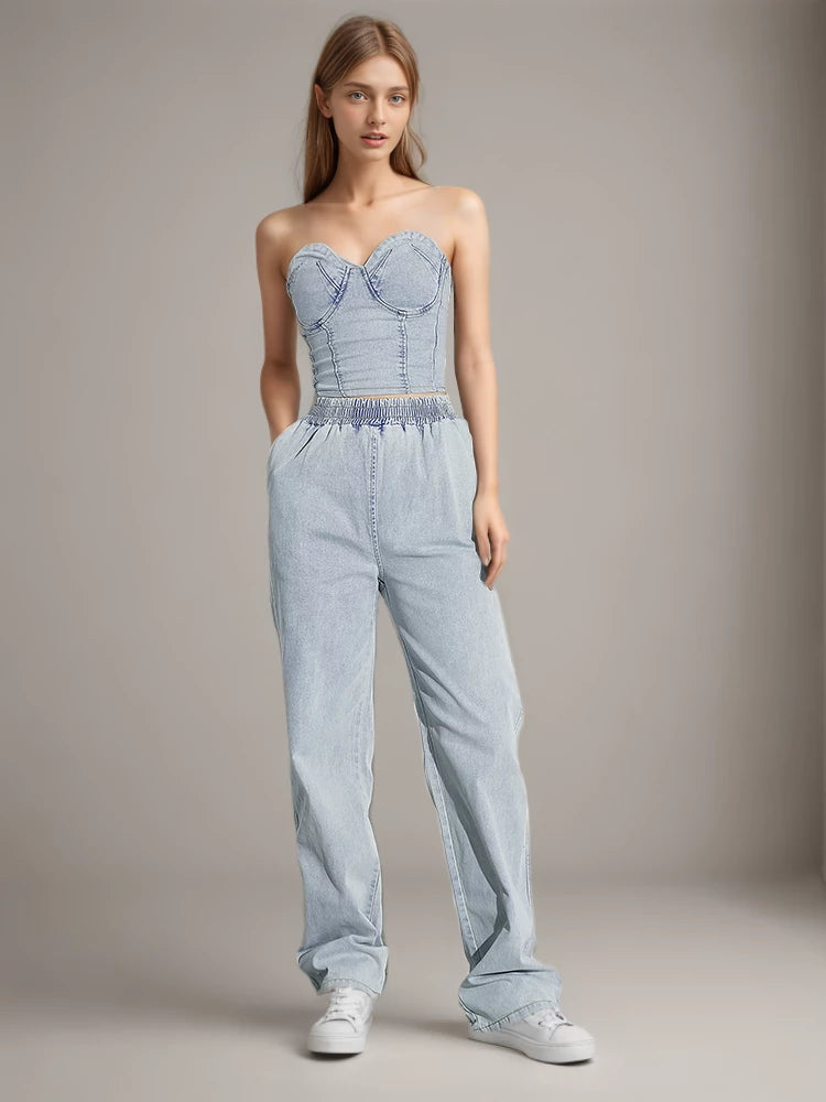 Sleeveless Denim Two Piece Set Strapless Blue
