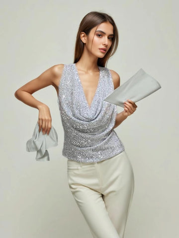 V Neck Backless Sequined Vest