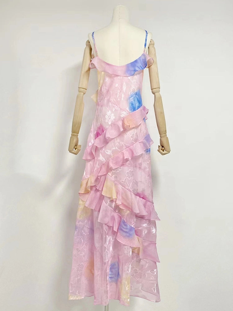 Pink Lotus Leafs Hanging Strap Maxi Dress