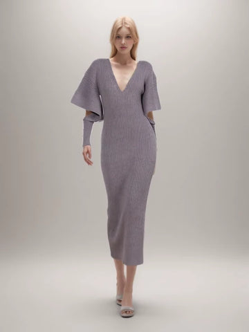 Hollow Out Minimalist Dress For V Neck Long Sleeve Knitting