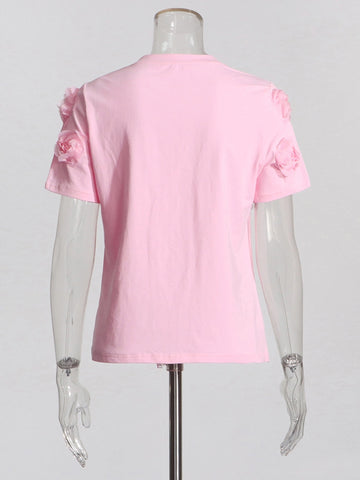 3D Rose Design Round Neck T-shirt