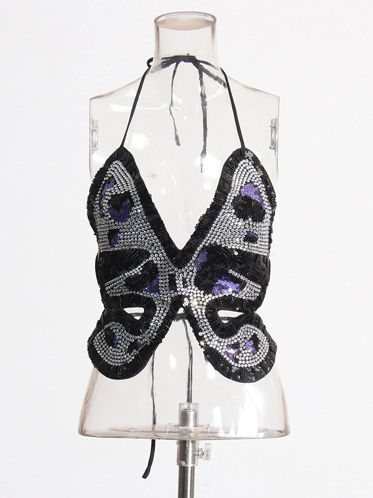 Butterfly Patterned Crystal Decorative Sequin Vest Top