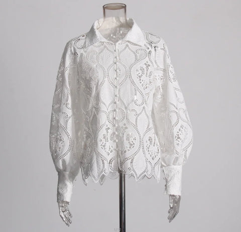 Embroidered Hollow Bubble Sleeve Shirt