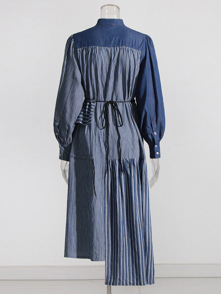 Robe longue en denim à rayures et patchwork