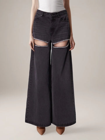 Diamonds Studded Hollow Out Wide Leg Jeans