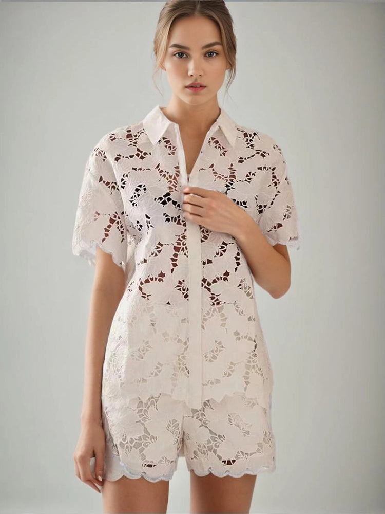 Embroidered Lapel Hollow Out Two Piece Set