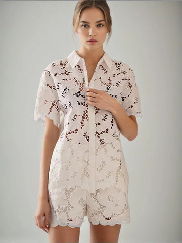 Embroidered Lapel Hollow Out Two Piece Set
