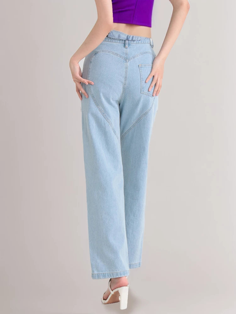 Embroidered Straight Leg Jeans High Waist Hollow Out Pants