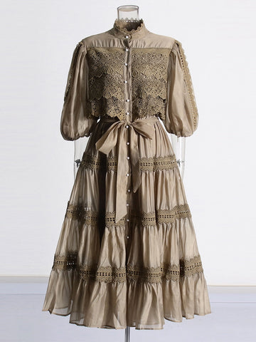 Retro Embroidery Long Sleeve Patchwork Waist Maxi Dress