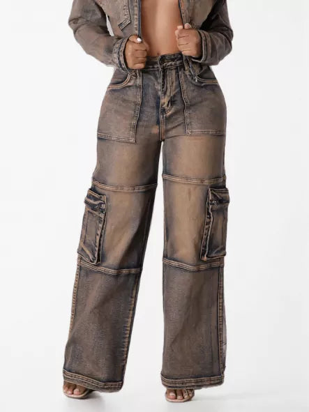 Pockets Denim Trousers For High Waist Spliced Straight Jeans