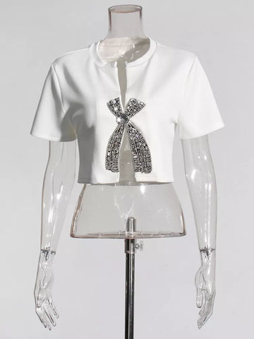 Kurzes T-Shirt mit Patchwork-Diamanten