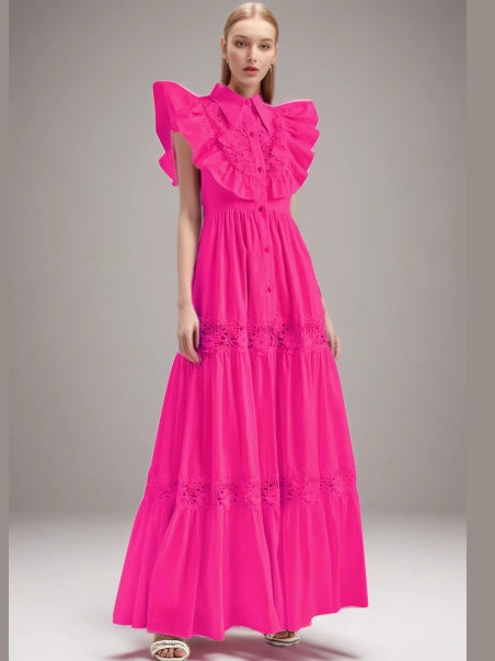 Flip Collar Edge Rose Embroidered Waist Maxi Dress
