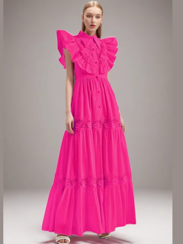 Flip Collar Edge Rose Embroidered Waist Maxi Dress