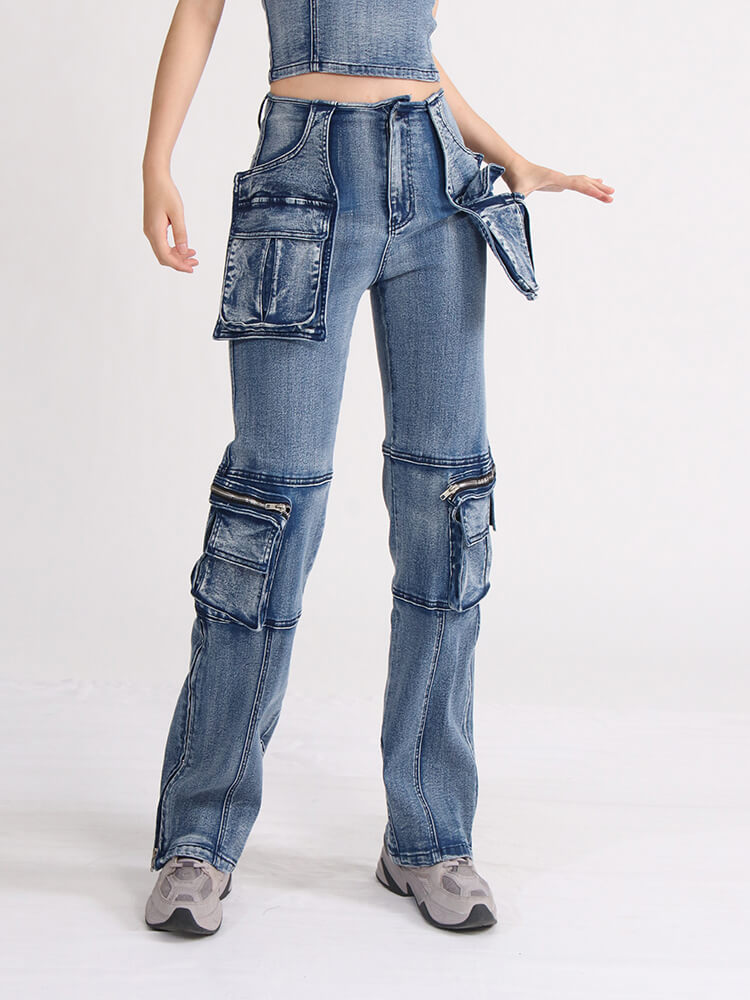 Stereoscopic Pocket Straight Jeans