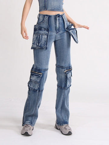 Stereoscopic Pocket Straight Jeans