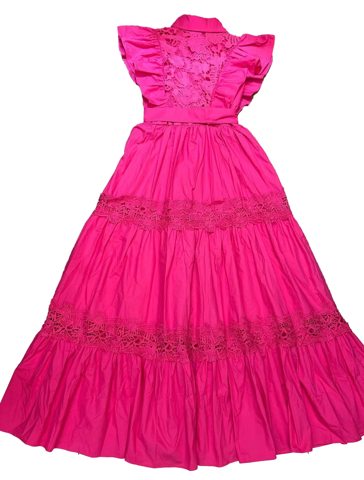 Flip Collar Edge Rose Embroidered Waist Maxi Dress