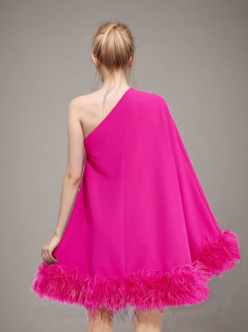 Ostrich Feather Diagonal Collar One Sleeve Dress Cloak