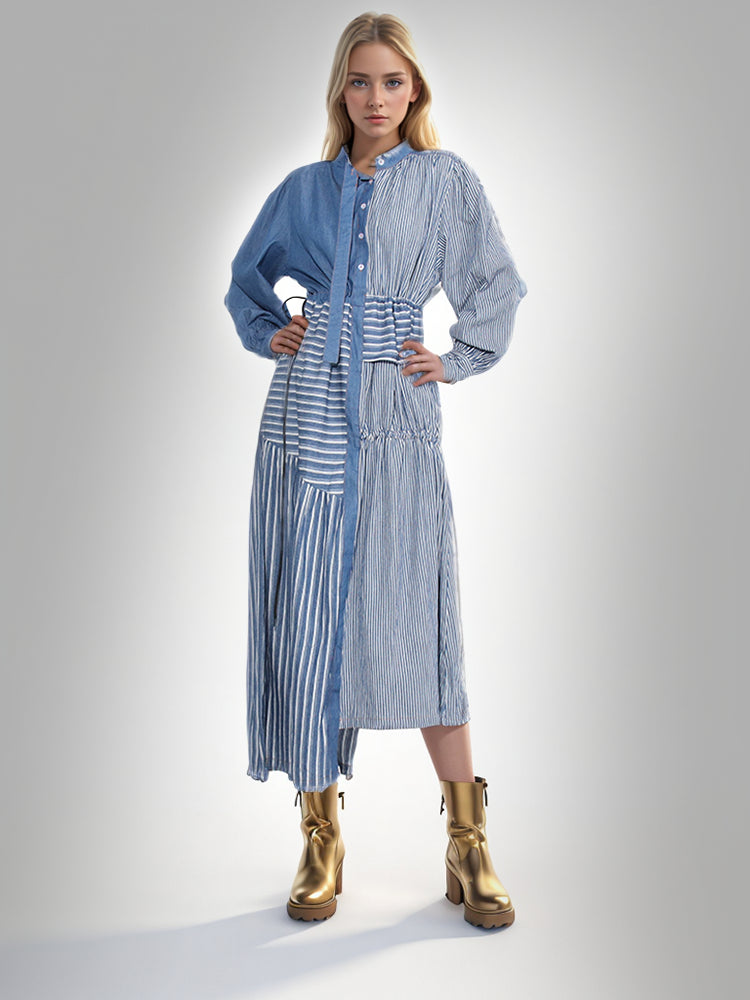 Robe longue en denim à rayures et patchwork