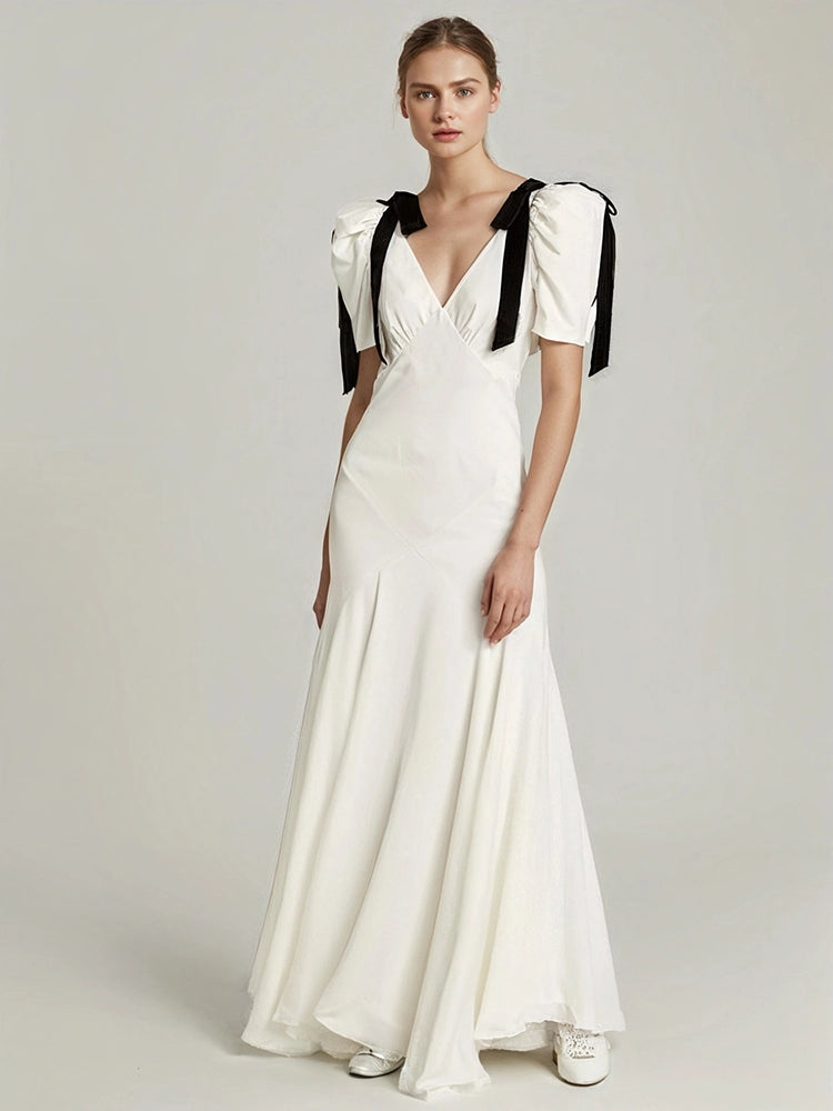 White V Neck Bubble Sleeve Ribbon Dress