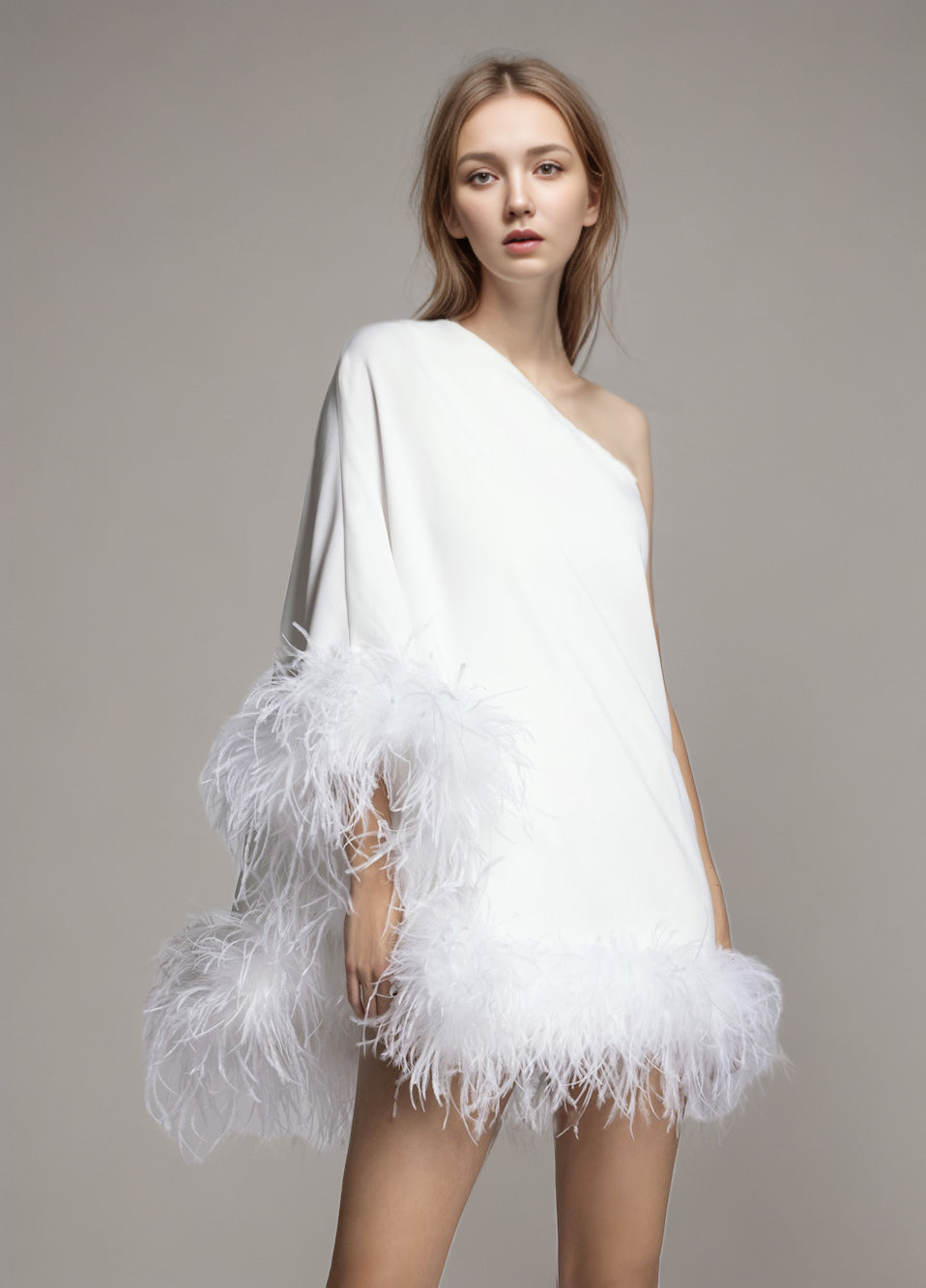Ostrich Feather Diagonal Collar One Sleeve Dress Cloak