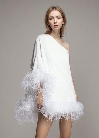 Ostrich Feather Diagonal Collar One Sleeve Dress Cloak