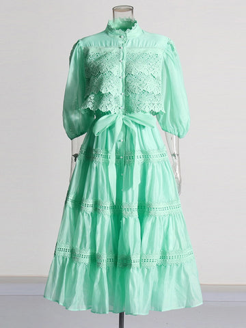 Retro Embroidery Long Sleeve Patchwork Waist Maxi Dress