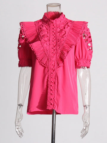 Embroidered Hollow Ruffle Short Sleeve Shirt