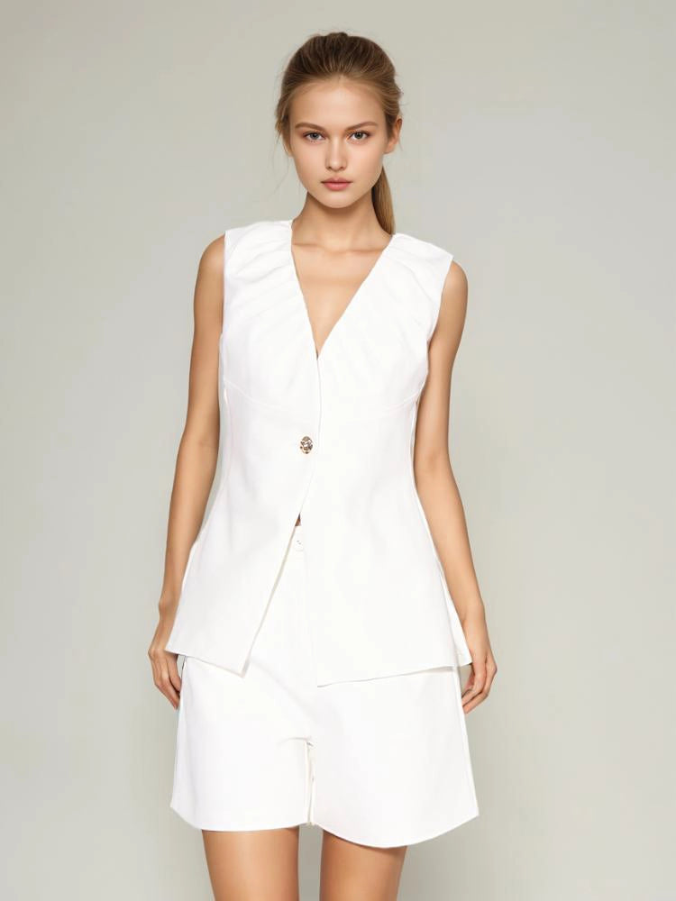V Neck Metel Bukle Pleated Two Piece Set