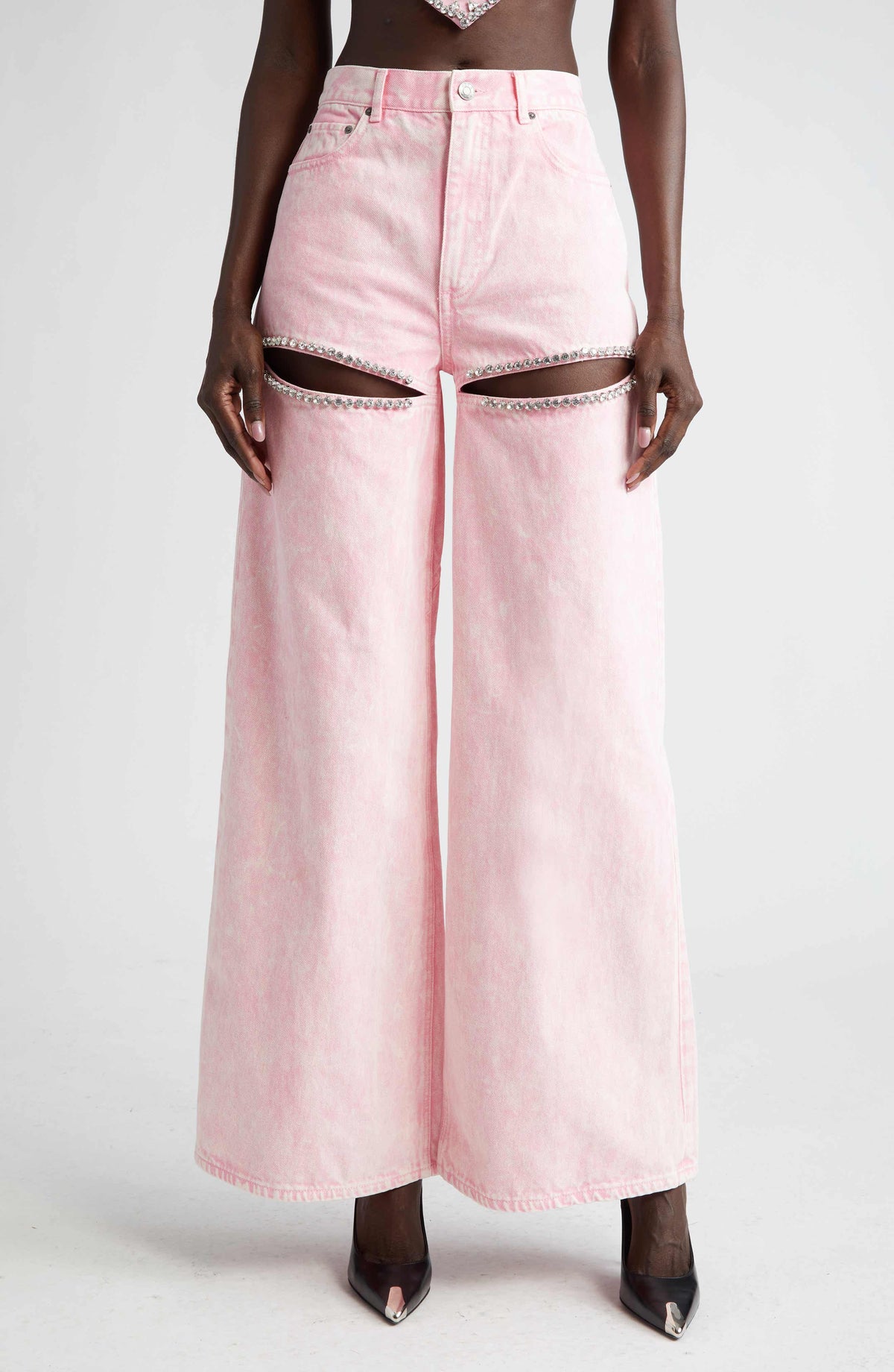 Crystal Cut-Out Straight Jeans - Pink