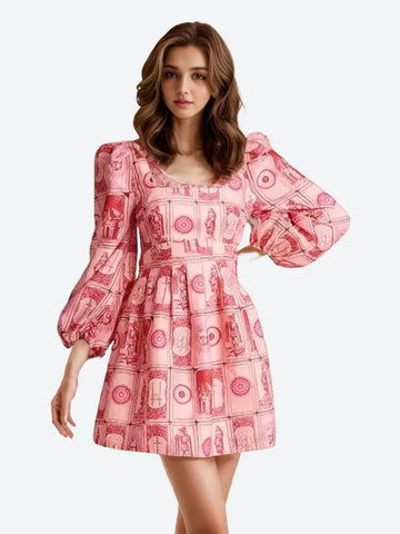 Printing Mini Dress For Square Neck Long Sleeve