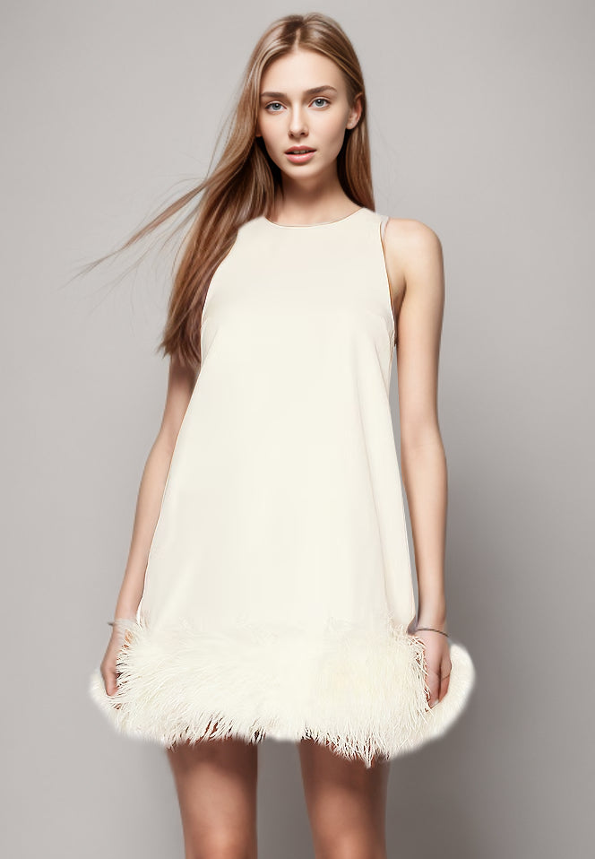 Feathers Hem Sleeveless Minimalsit Mini Dress